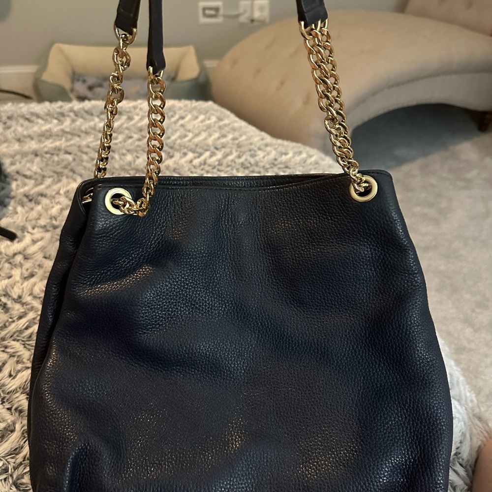 Michael Kors Navy Leather Shoulder Bag with Gold Chain